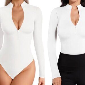 NWT White Mockneck Half Zip Long Sleeve Bodysuit Size Small